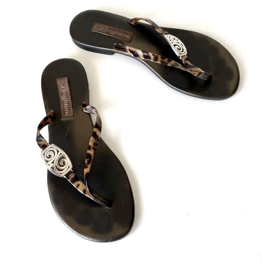 Beverly Feldman Brown Leopard Print Sandals Silver Tone Buckle Gem 8 Vacation